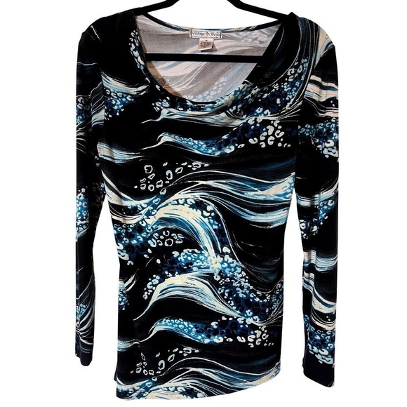 Vintage Suzie Tops - Vintage Suzie Cowl Neck Top Size M Abstract Wave Leopard Print Blue Black